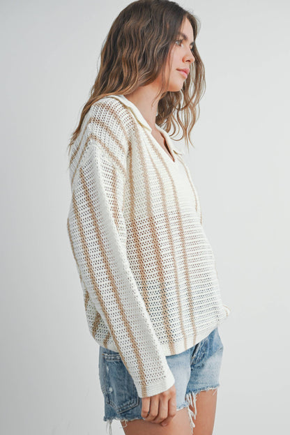 Striped Knit Sweater with Collar - BMW7435