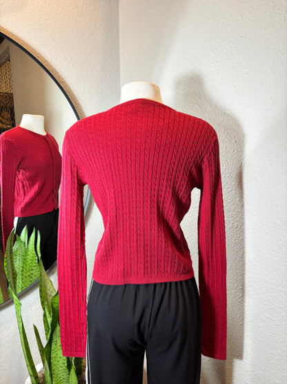 Red Knit Cropped Cotton Cardigan