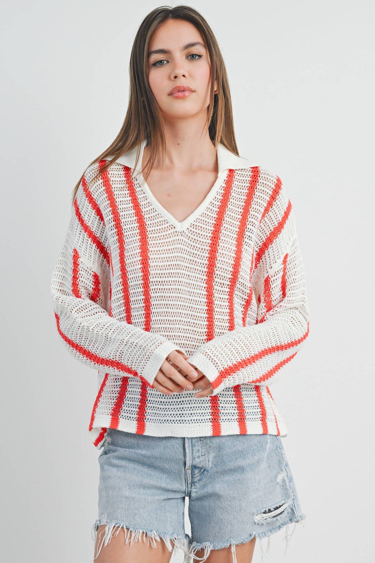 Striped Knit Sweater with Collar - BMW7435