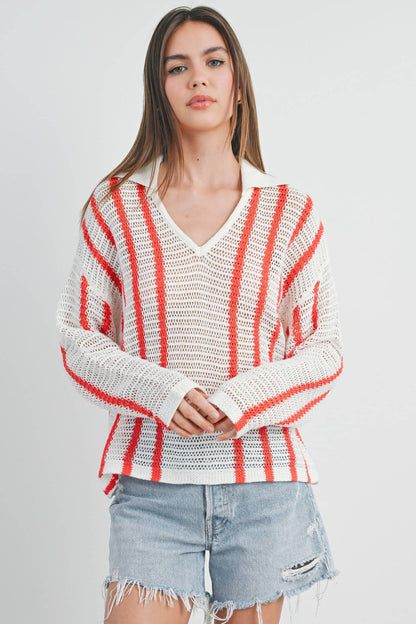 Striped Knit Sweater with Collar - BMW7435