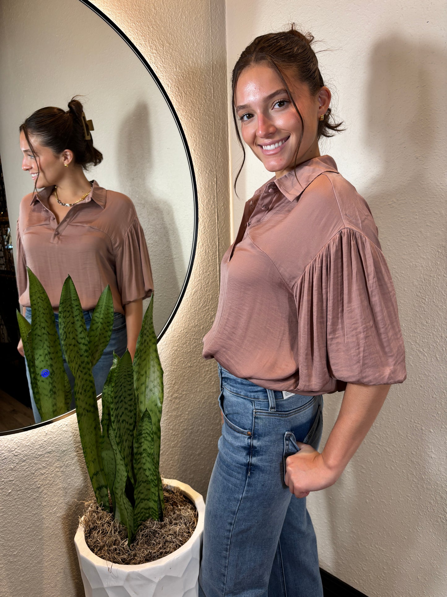 Bubble Hem Blouse with Button Placket