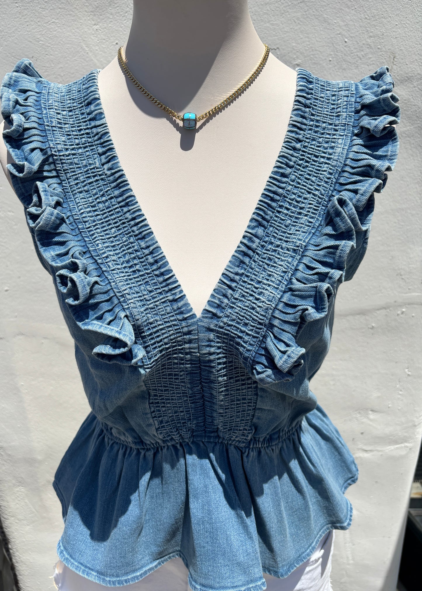 Smocked Detail Ruffle denim Top-SyBo