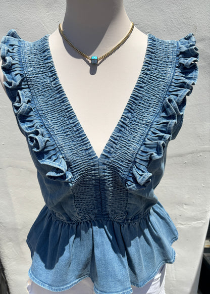 Smocked Detail Ruffle denim Top-SyBo