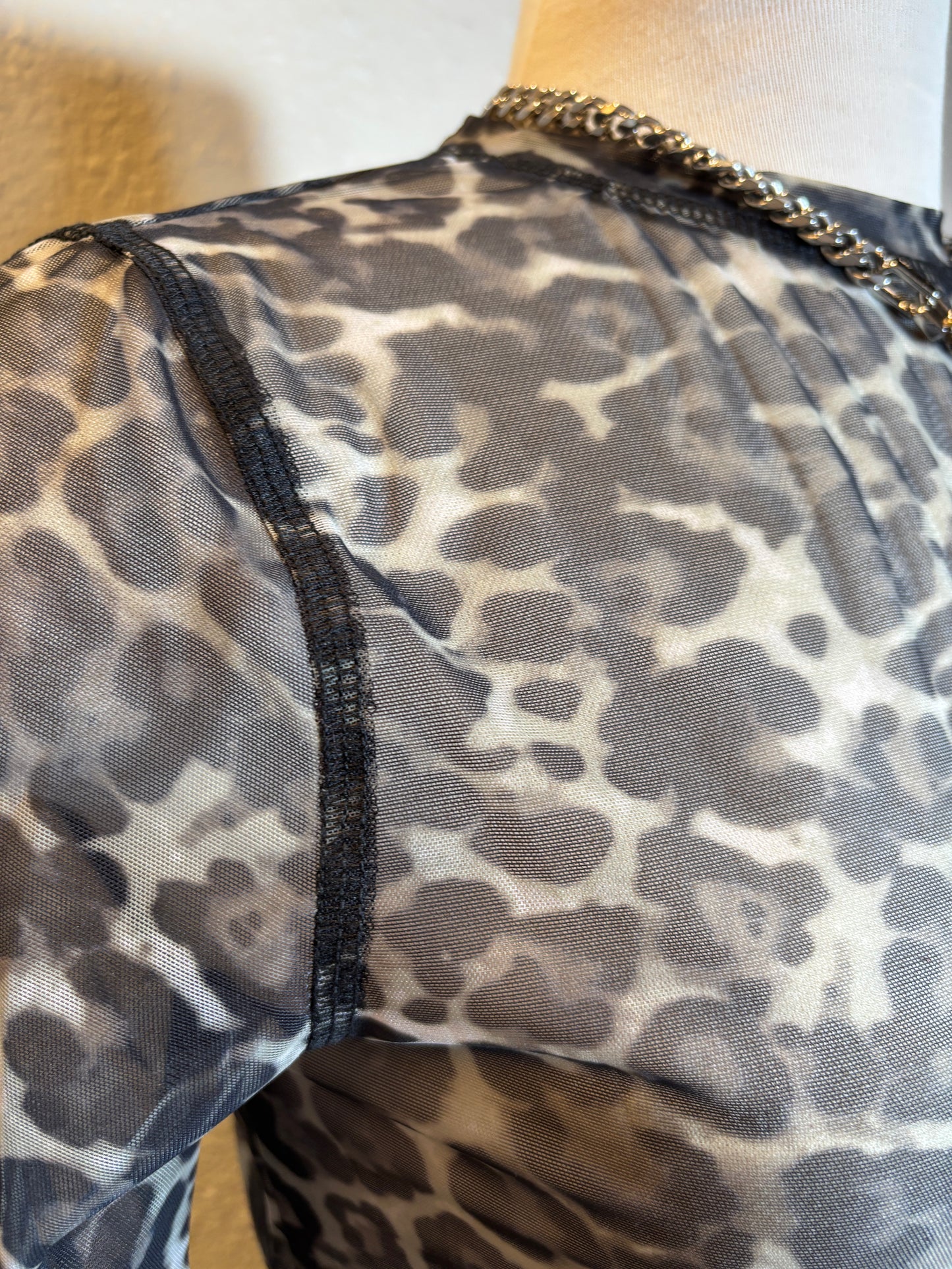 Semi Sheer Leopard Printed Long Sleeve Mesh Top