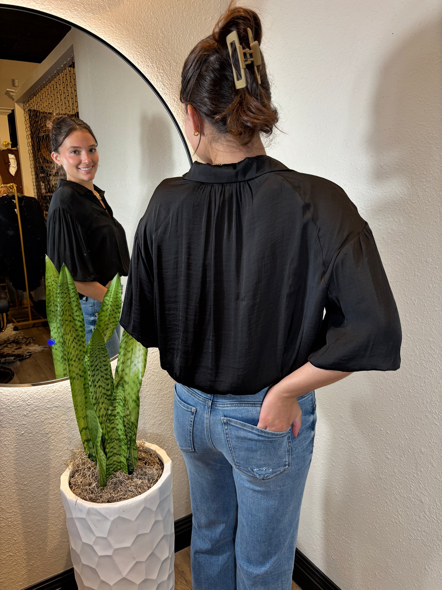 Bubble Hem Blouse with Button Placket