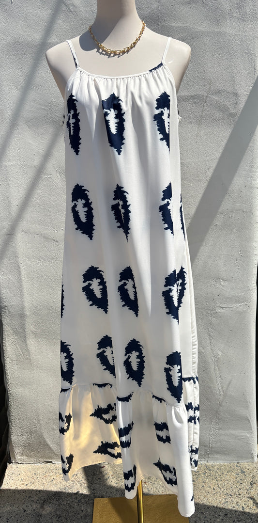 Skinny Strap White/Blue Midi Dress