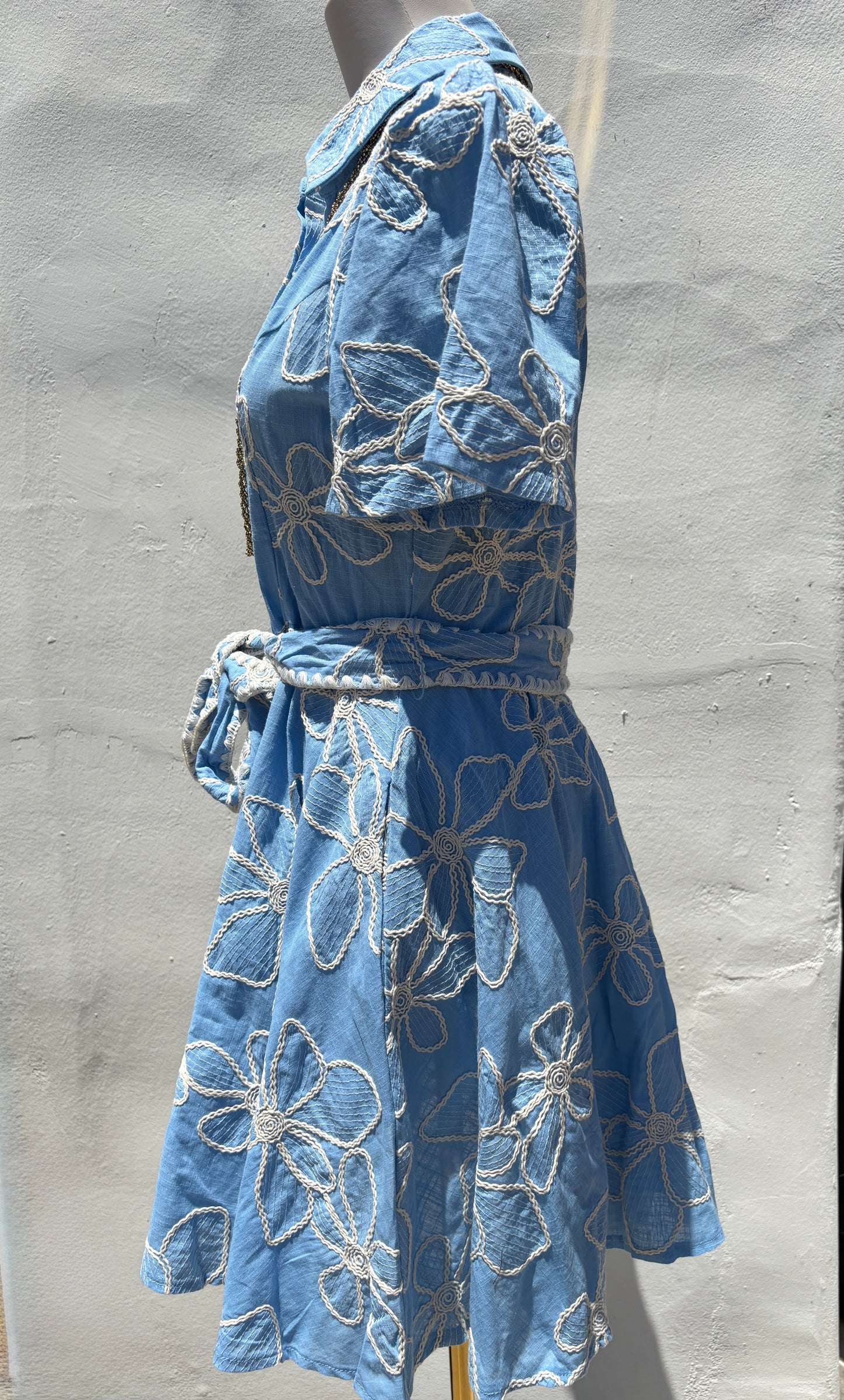 Embroidered Blue Mix Flare Mini Dress-Gi