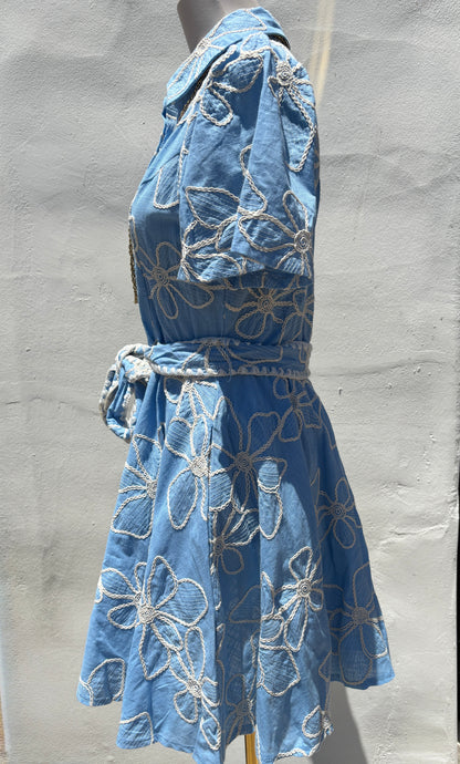 Embroidered Blue Mix Flare Mini Dress-Gi