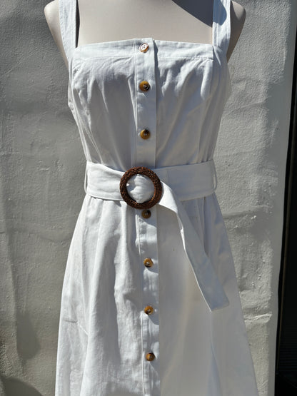 Off White Sleeveless button down Belted Midi Dress-AAk