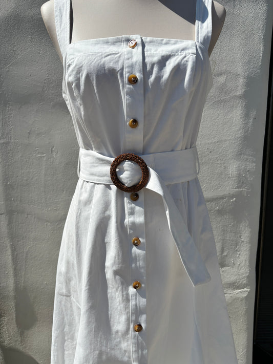 Off White Sleeveless button down Belted Midi Dress-AAk
