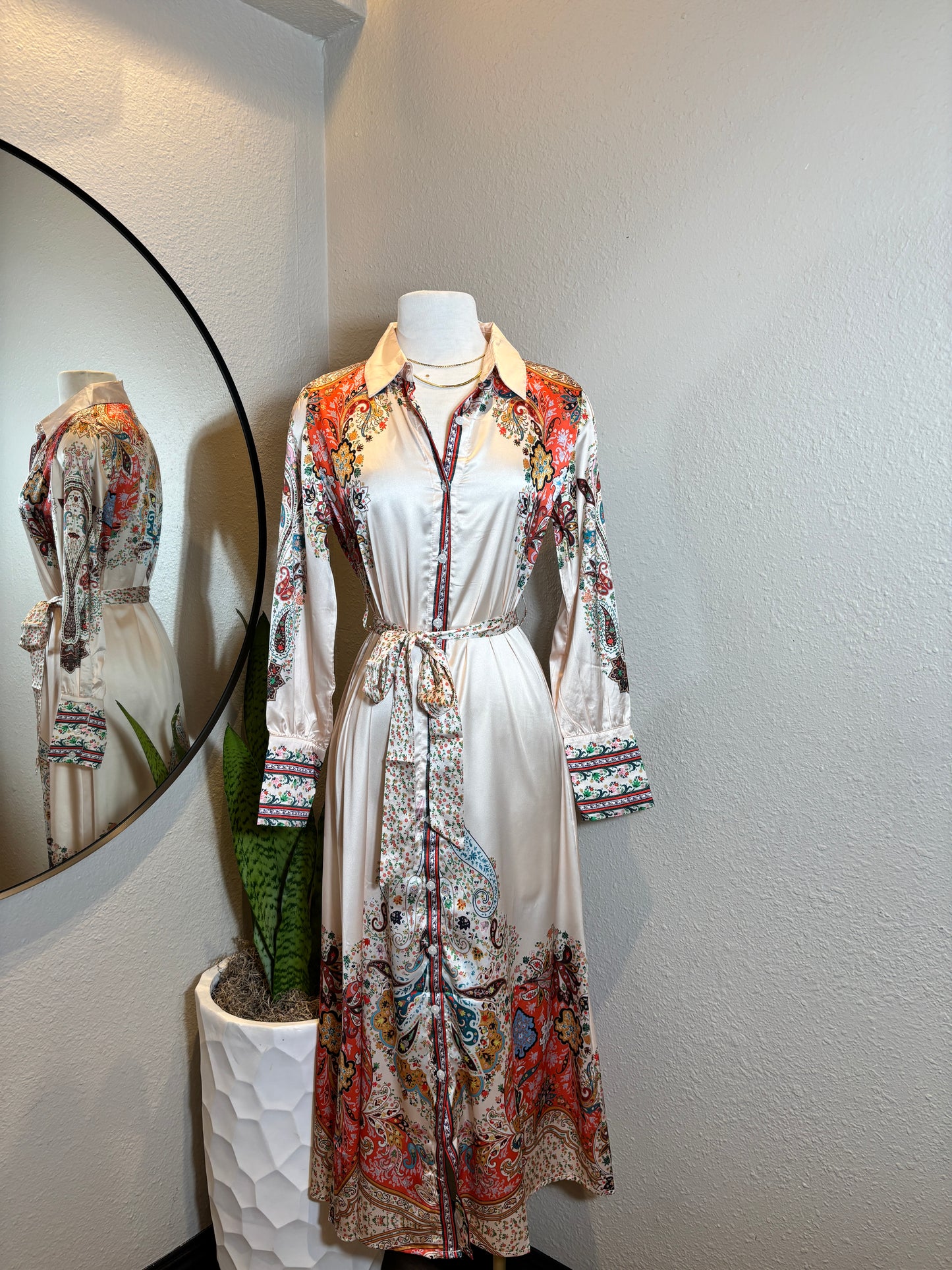Satin Floral L/S Belted Dress