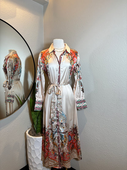 Satin Floral L/S Belted Dress