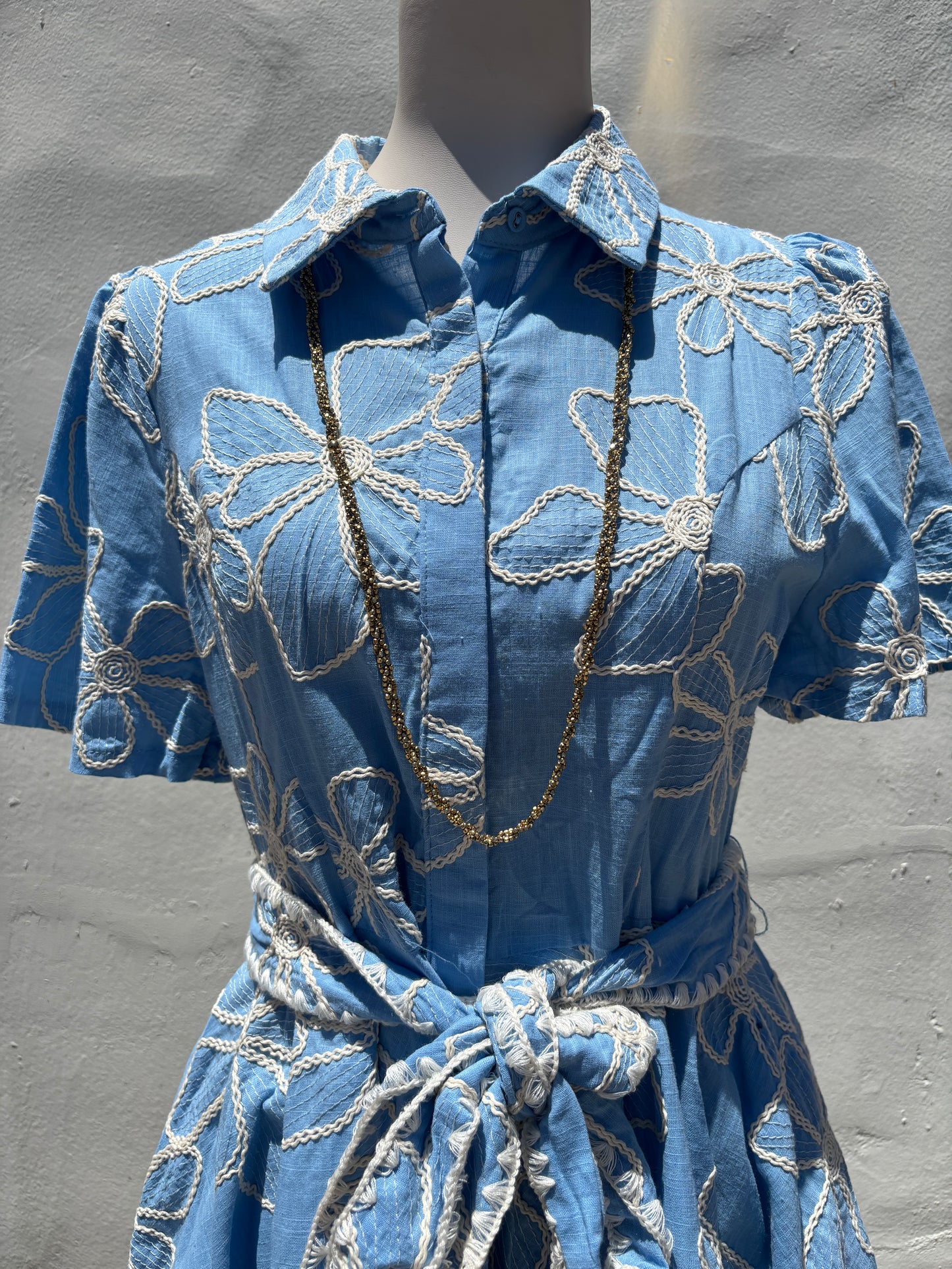 Embroidered Blue Mix Flare Mini Dress-Gi