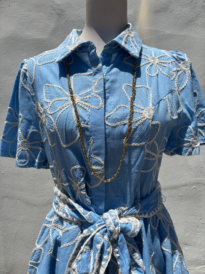 Embroidered Blue Mix Flare Mini Dress-Gi