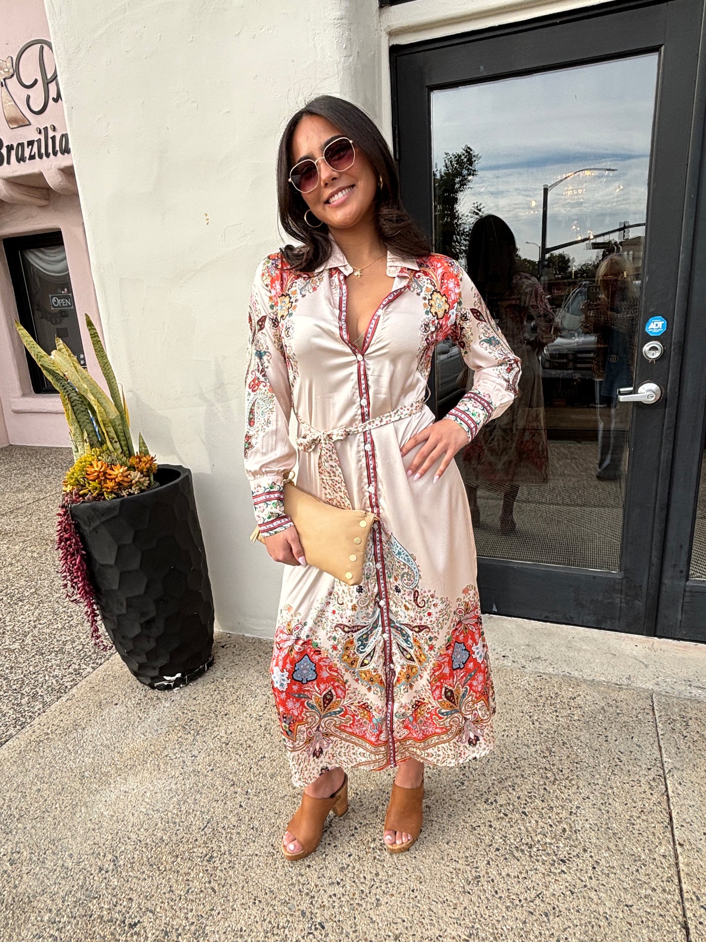 Satin Floral L/S Belted Dress