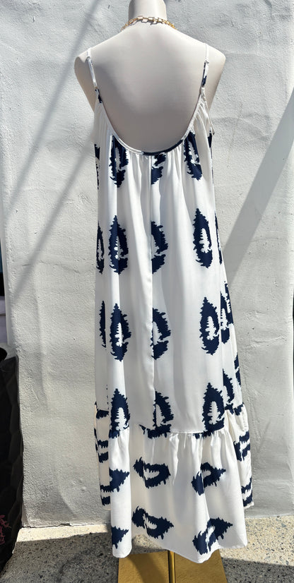 Skinny Strap White/Blue Midi Dress