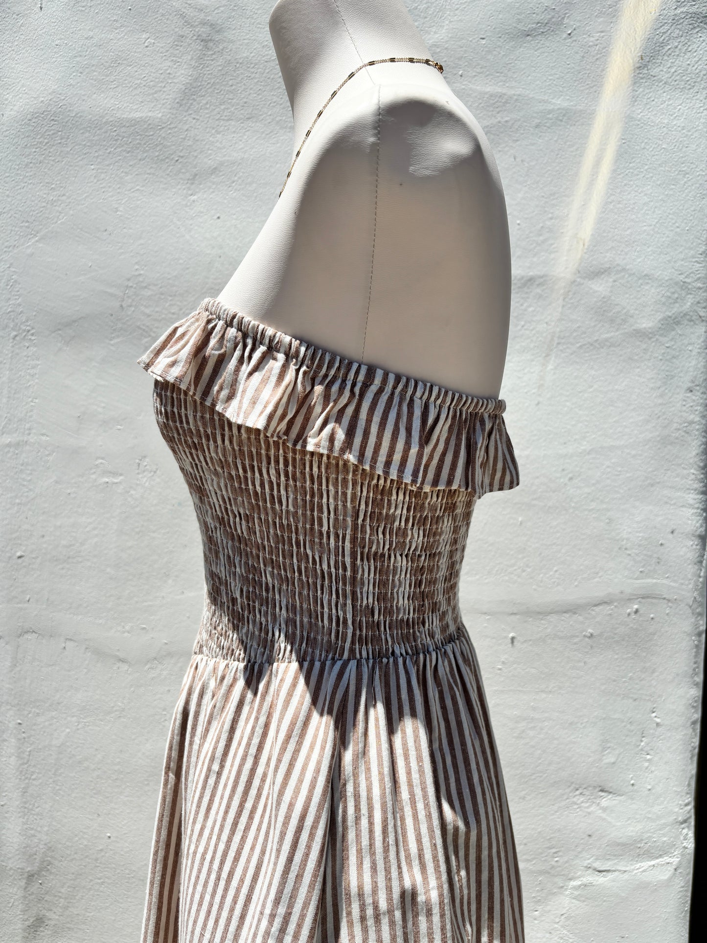 Taupe Striped Strapless Midi Dress