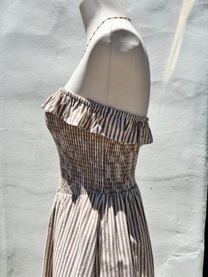 Taupe Striped Strapless Midi Dress