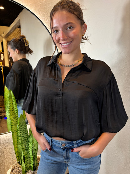 Bubble Hem Blouse with Button Placket