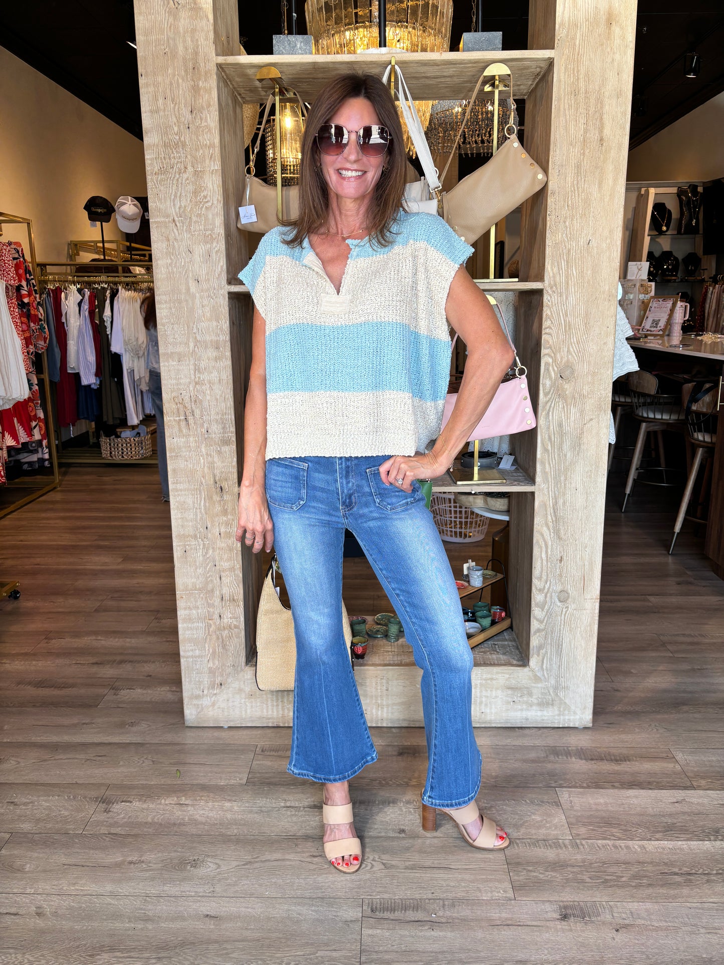 Striped Design Sleeveless Sweater Mint/Oatmeal