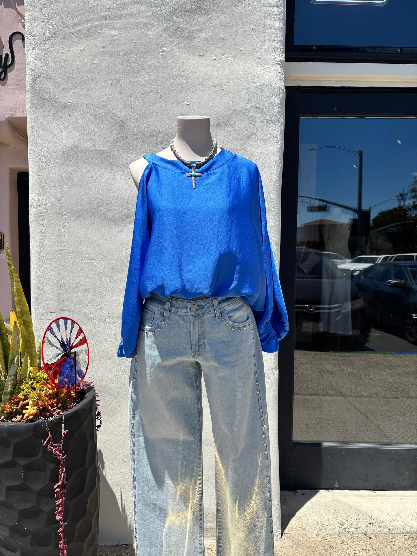 Silk One Open Shoulder Blue Top-Tyc