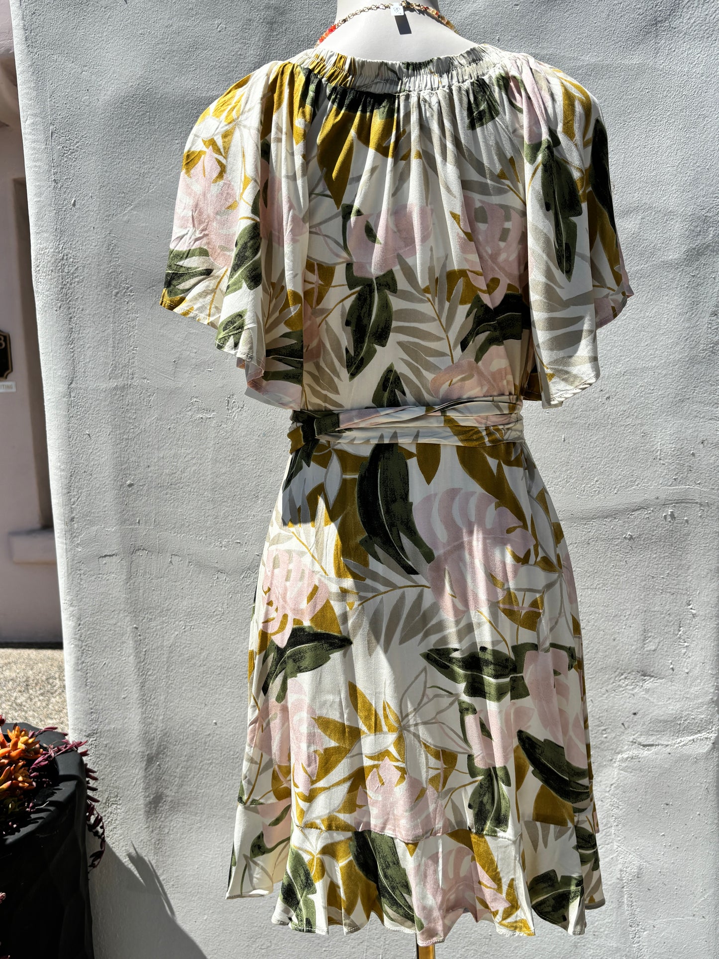 Sand/Multi off  shoulder SS Wrap Mini Dress-AAK