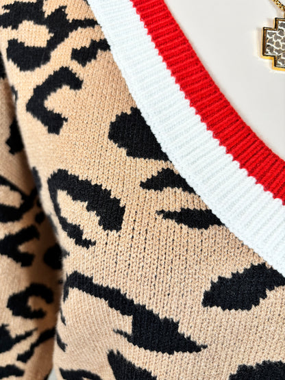 Leopard Pattern Rib Knitted Sweater