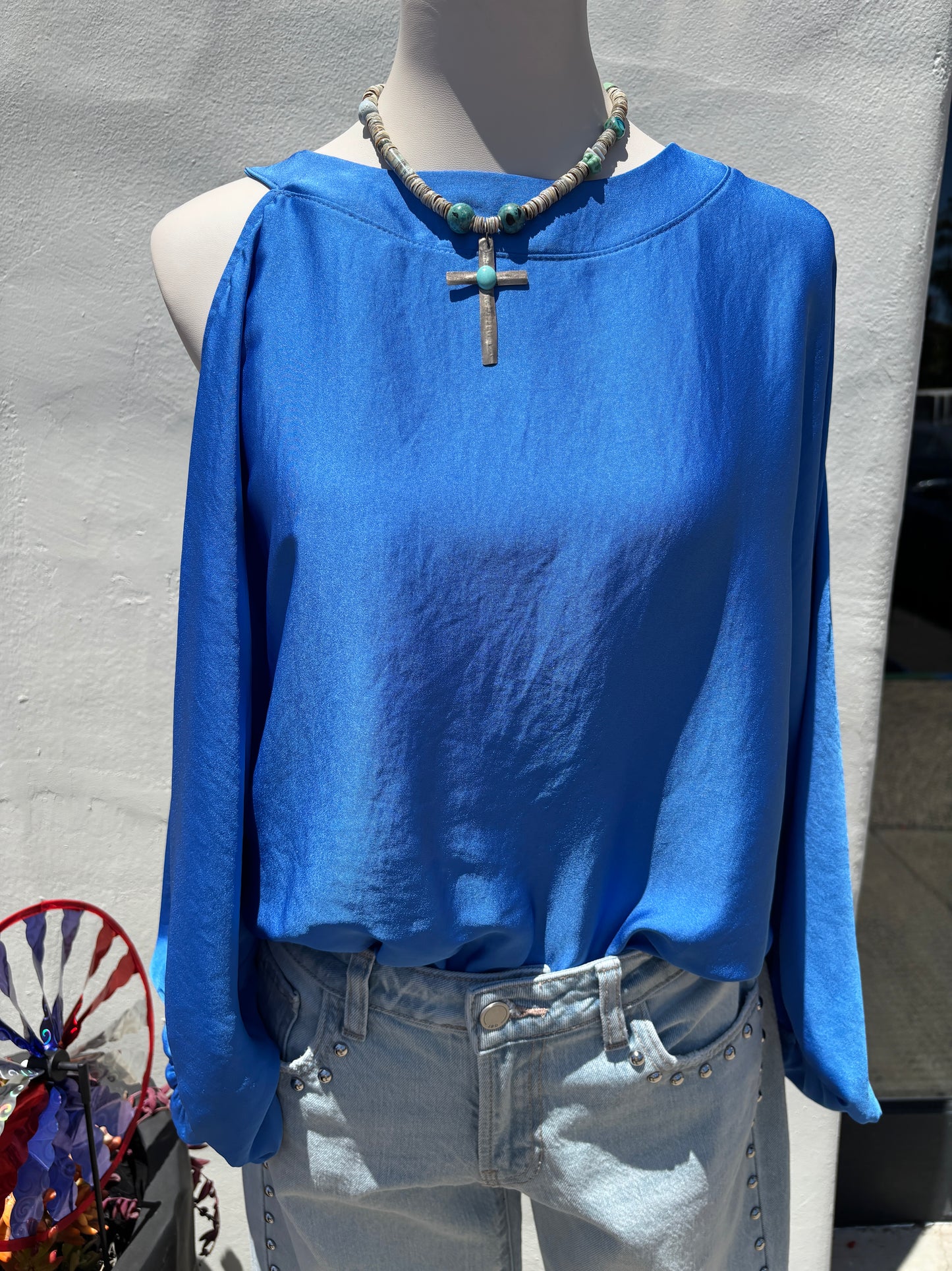 Silk One Open Shoulder Blue Top-Tyc