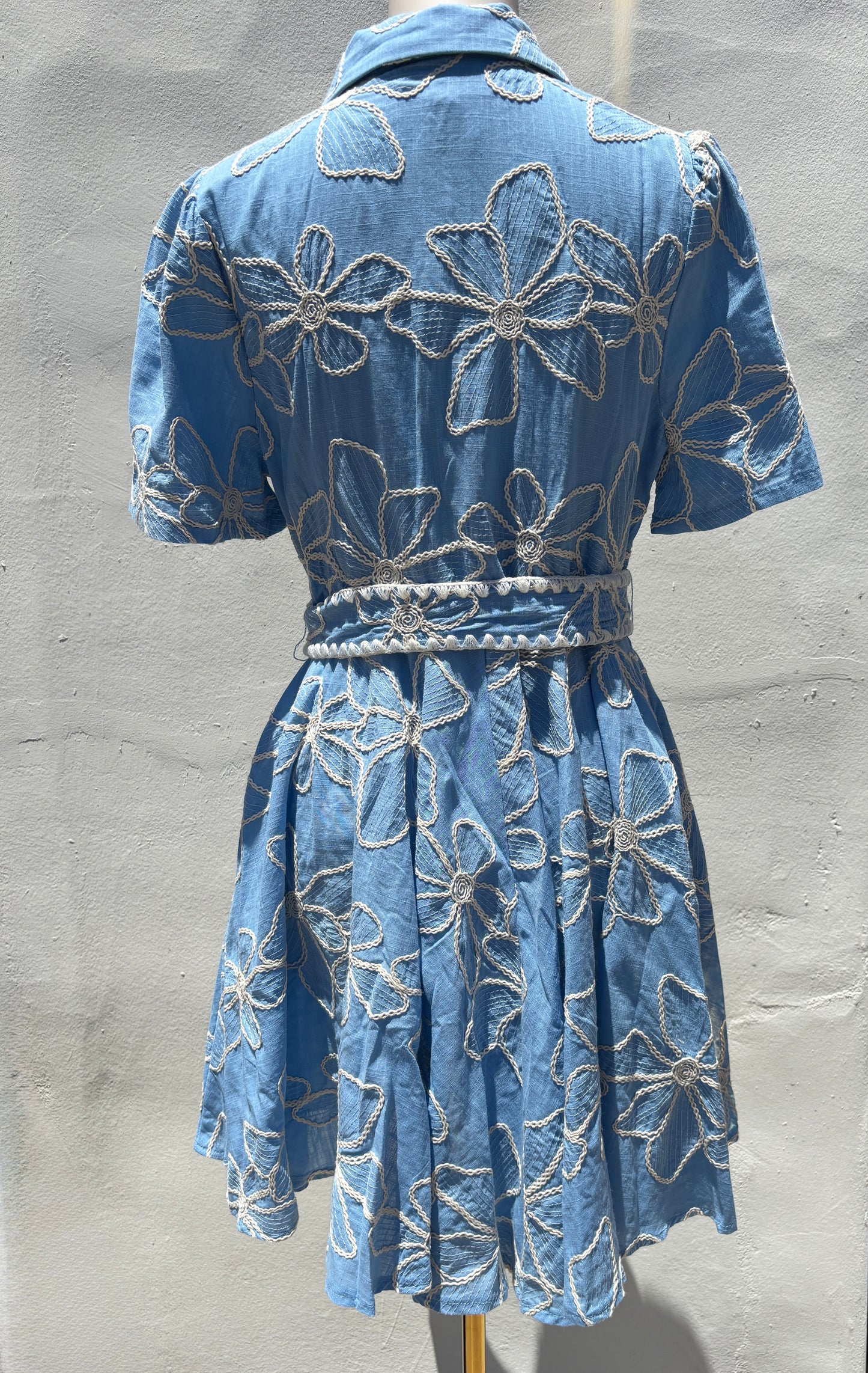 Embroidered Blue Mix Flare Mini Dress-Gi