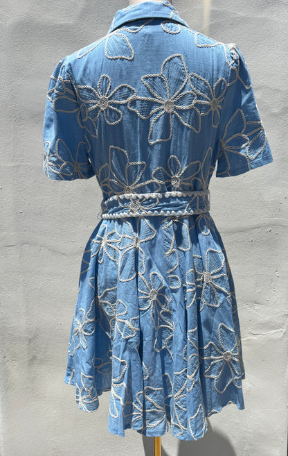 Embroidered Blue Mix Flare Mini Dress-Gi