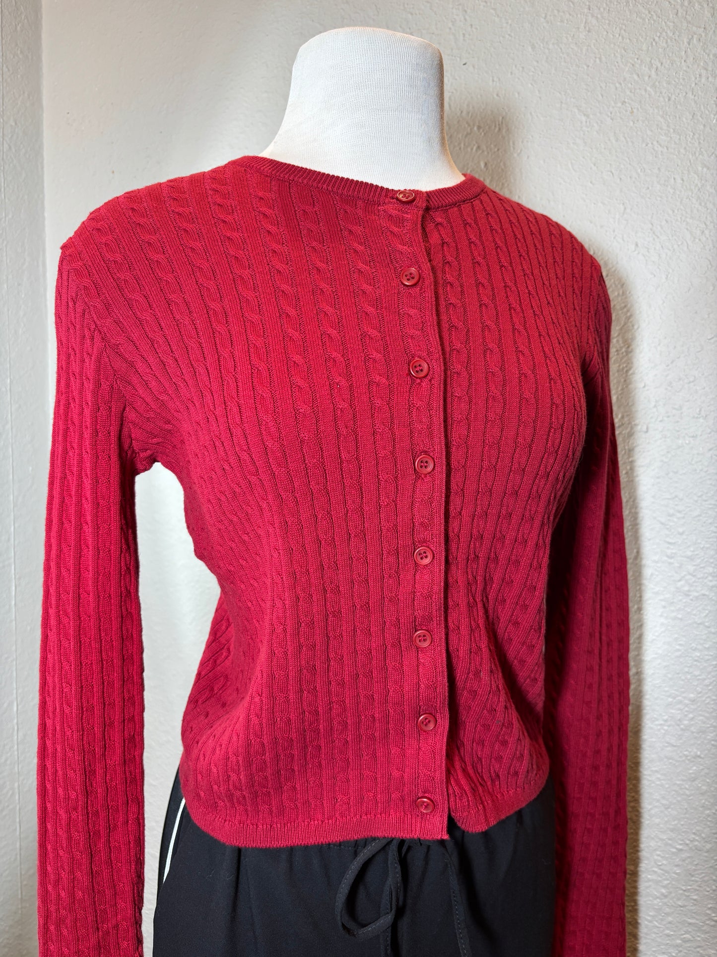 Red Knit Cropped Cotton Cardigan