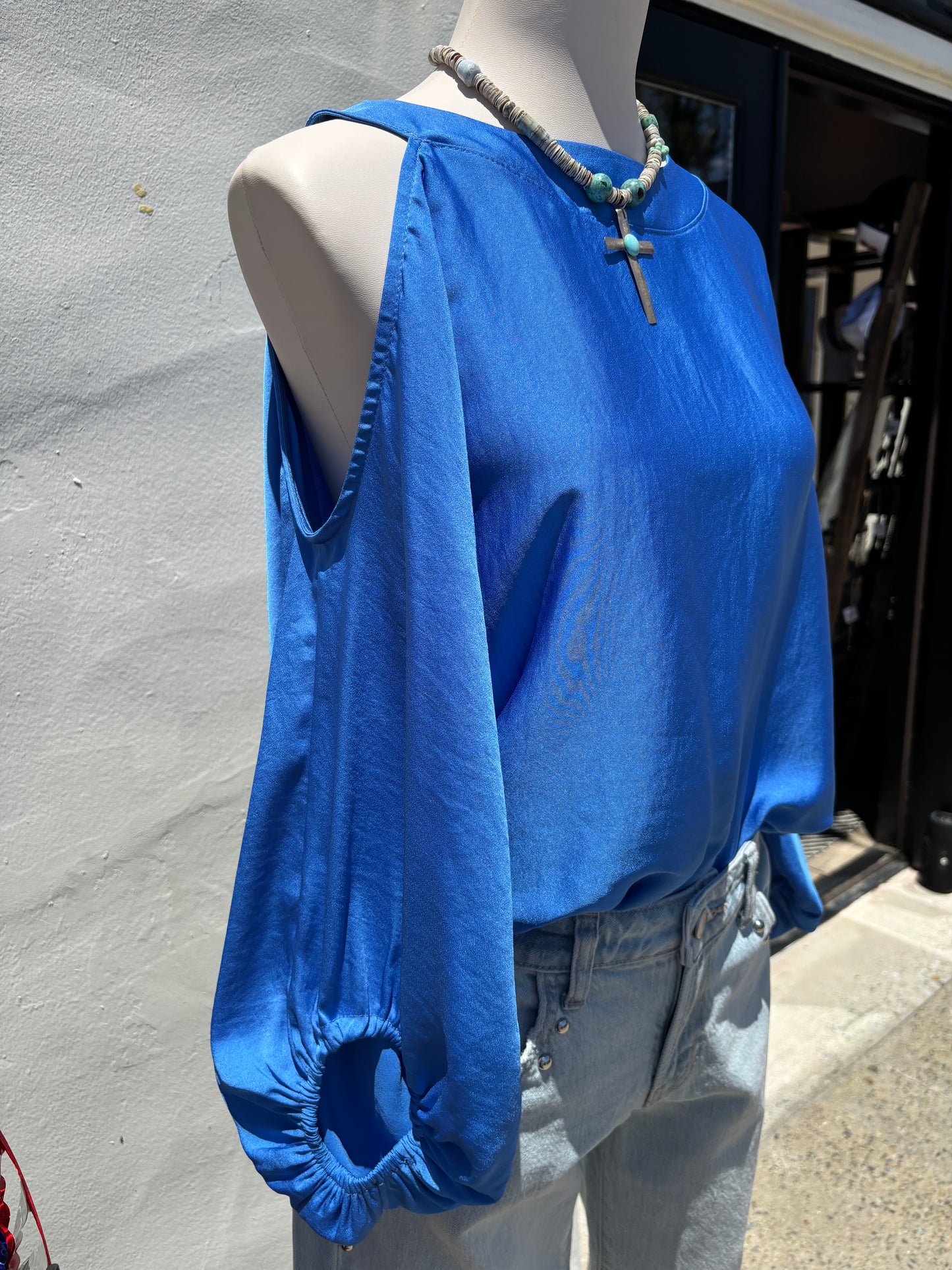 Silk One Open Shoulder Blue Top-Tyc