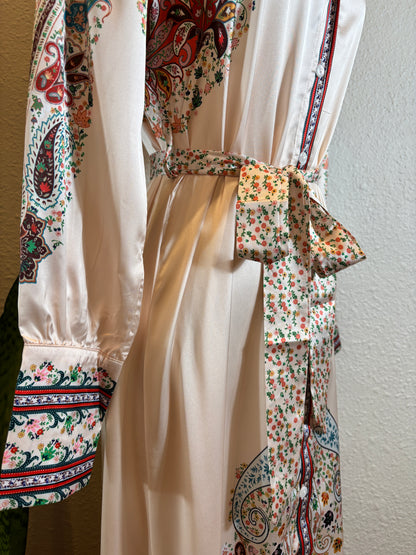 Satin Floral L/S Belted Dress