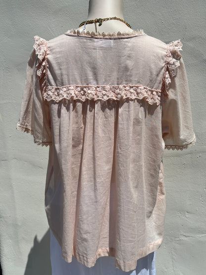 Lace Trim V-Neck Blouse- Peach
