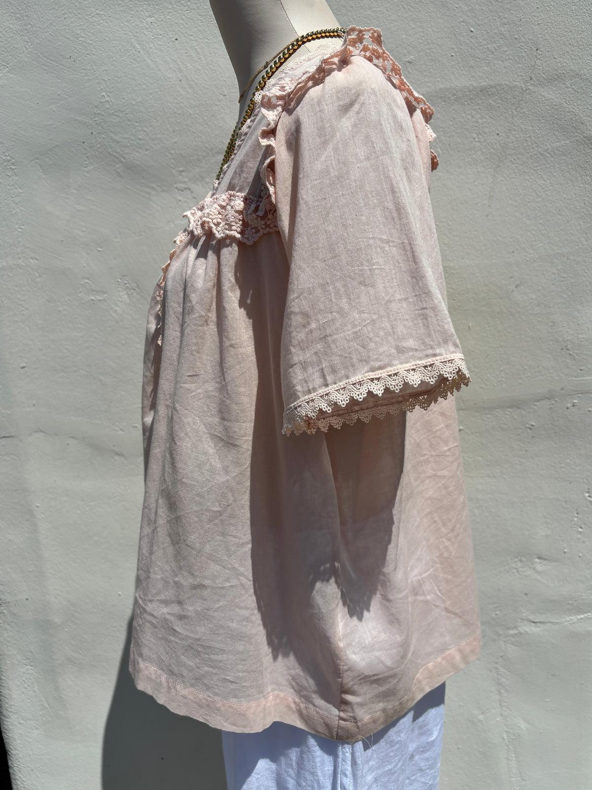 Lace Trim V-Neck Blouse- Peach