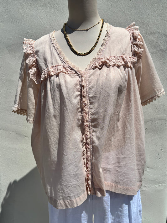 Lace Trim V-Neck Blouse- Peach