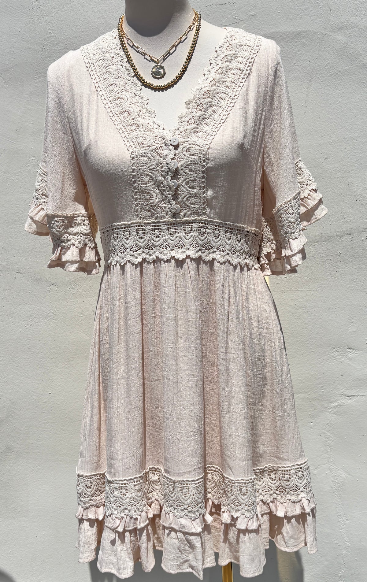 V-Neck Lace Trim Dress- Shell
