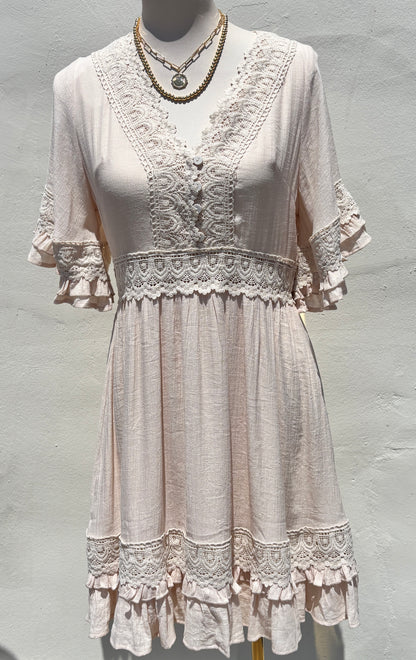 V-Neck Lace Trim Dress- Shell