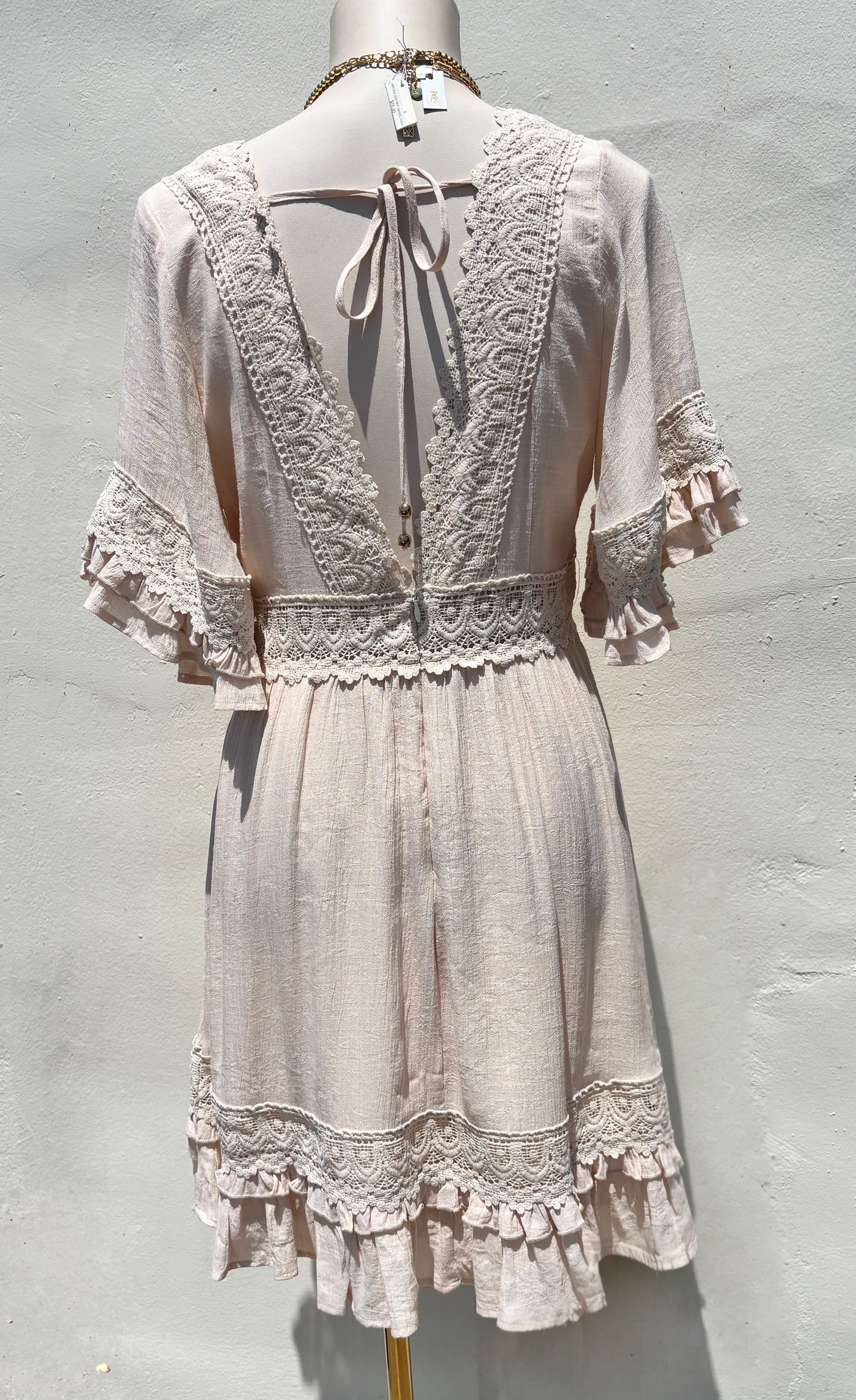 V-Neck Lace Trim Dress- Shell
