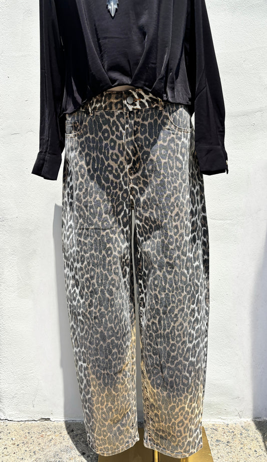 Leopard Mid Rise Straight Leg Twill Pant