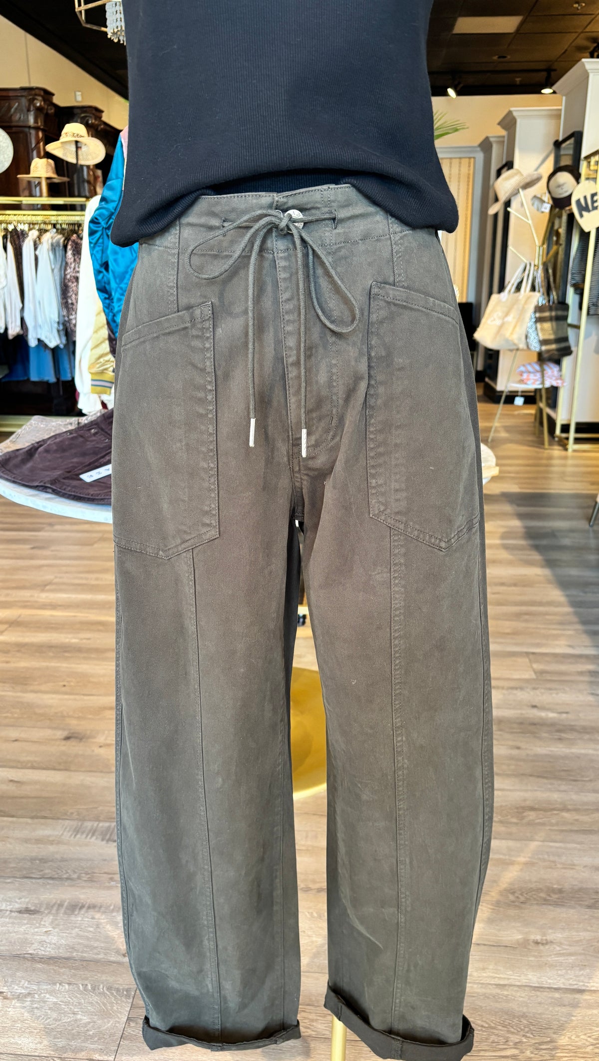Villa army green Drawstring Barrel Pant