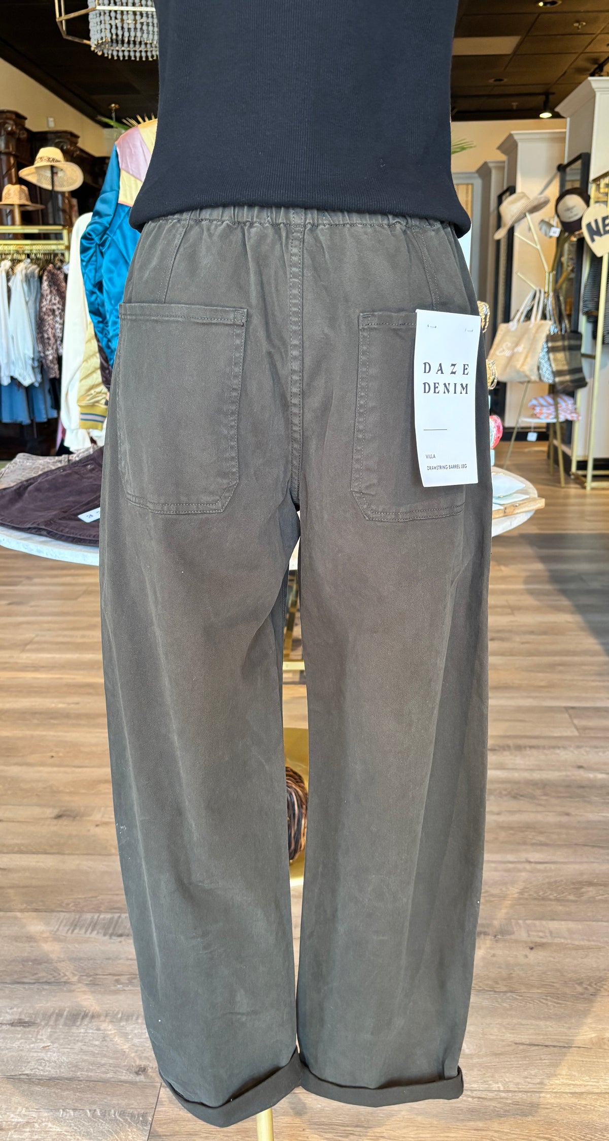 Villa army green Drawstring Barrel Pant