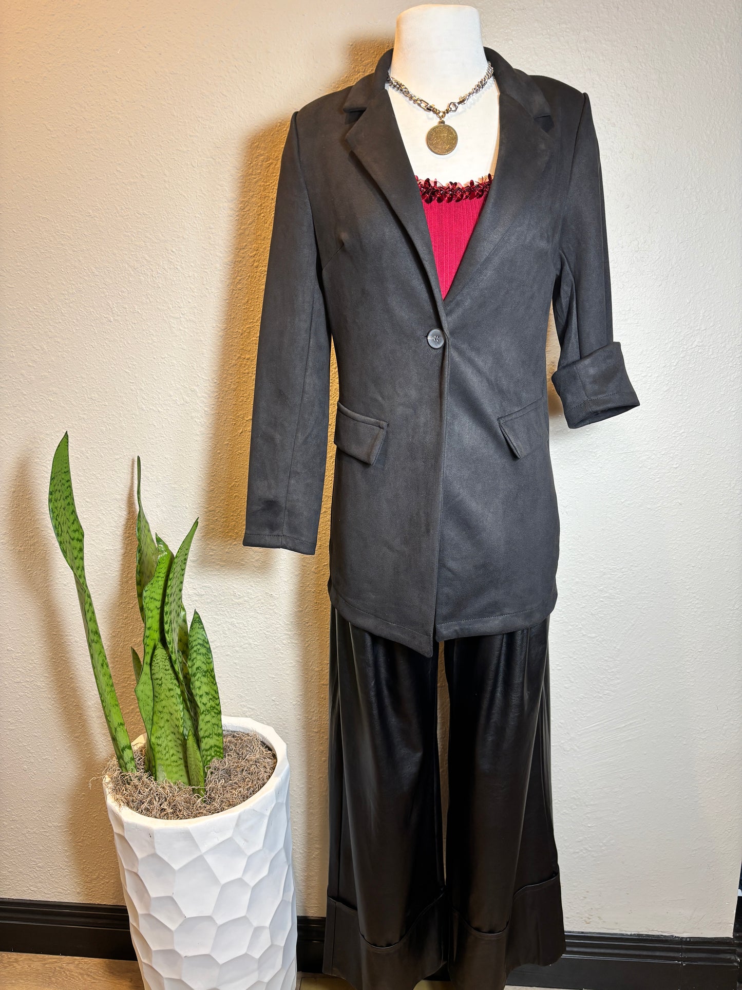 Faux Suede Long Blazer with Pocket Flip