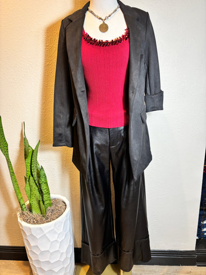 Faux Suede Long Blazer with Pocket Flip