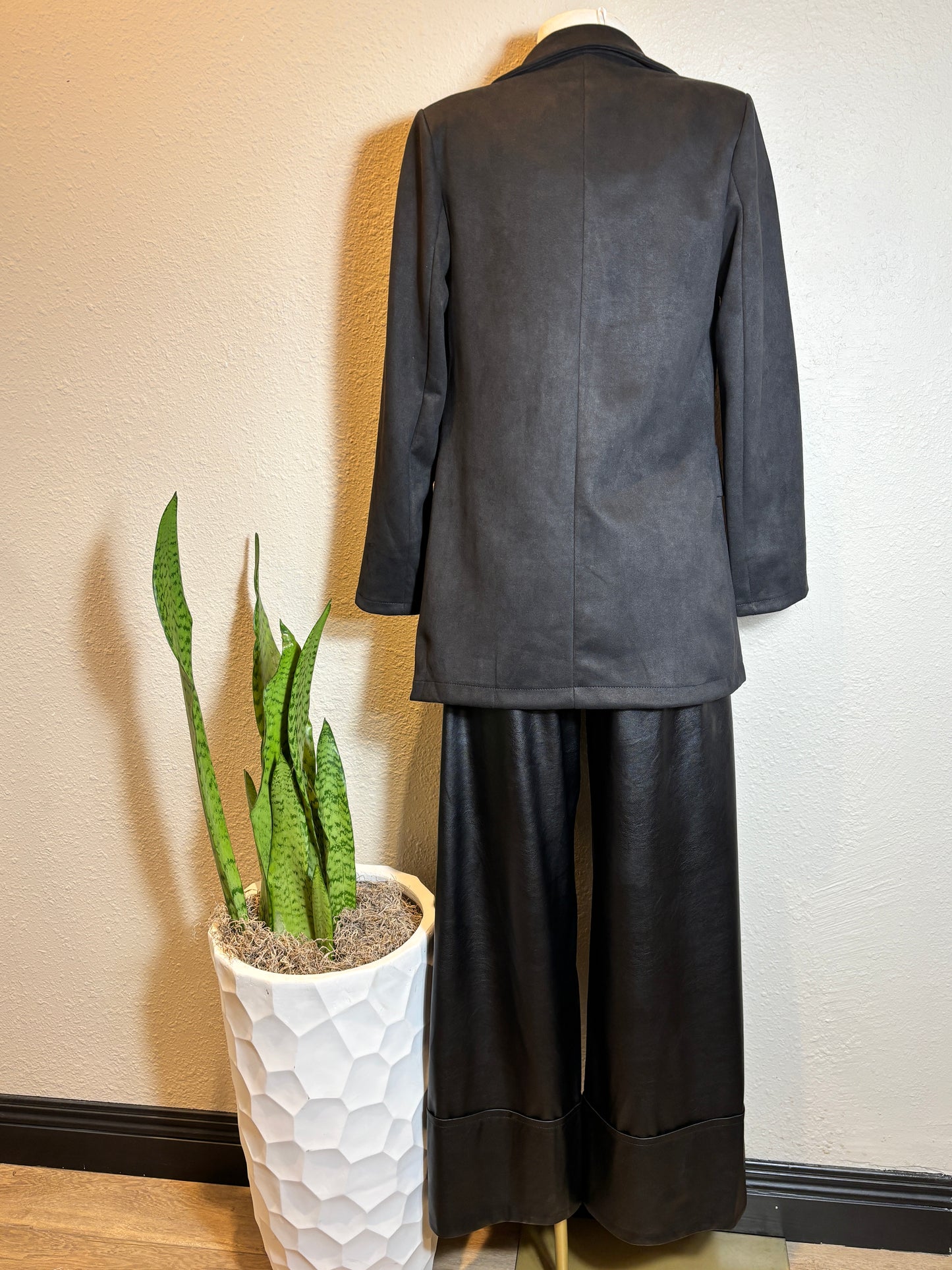 Faux Suede Long Blazer with Pocket Flip