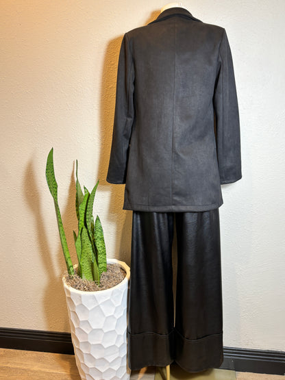 Faux Suede Long Blazer with Pocket Flip