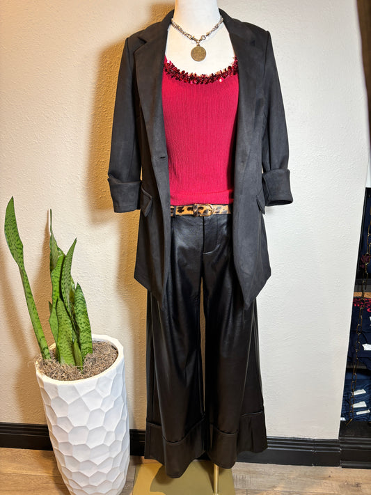 Faux Suede Long Blazer with Pocket Flip