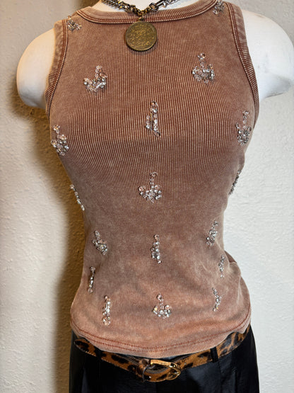 Rhinestone Acid Wash Sleeveless Tank