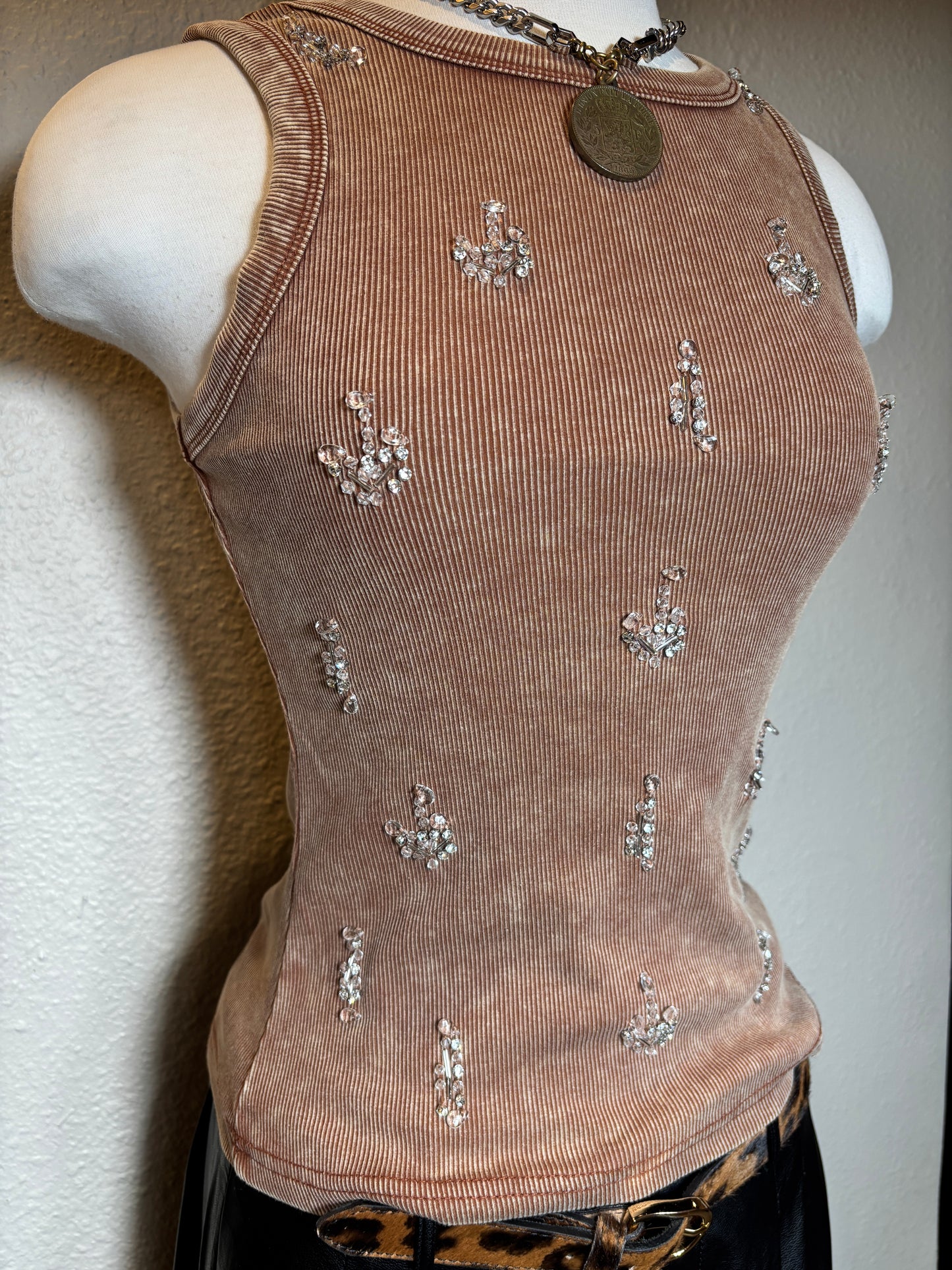 Rhinestone Acid Wash Sleeveless Tank