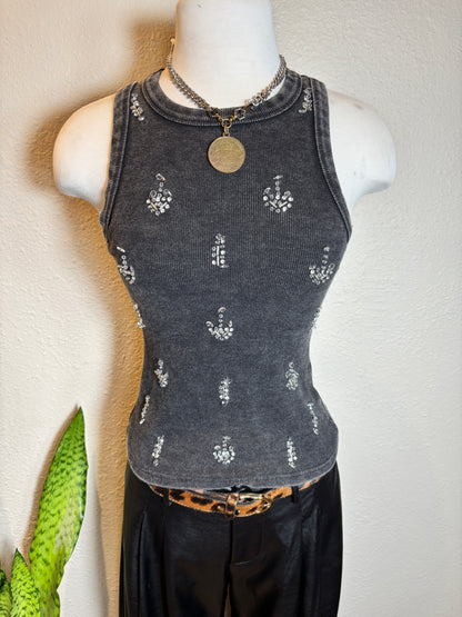 Rhinestone Acid Wash Sleeveless Tank